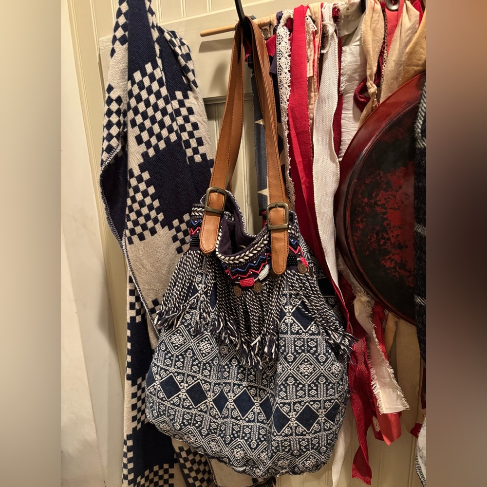 Navy and Tan Women's Shoulder Bag